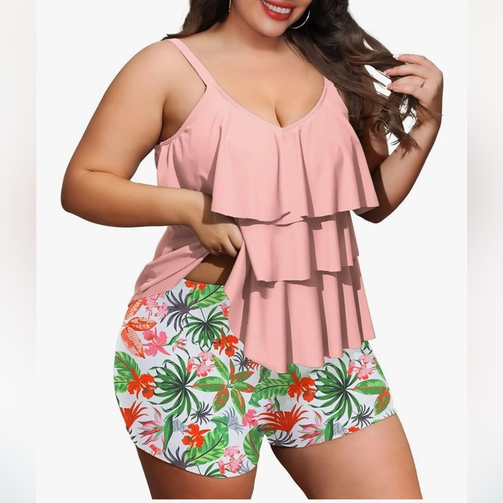 Folunsi Pink Ruffle Tank Top with Tropical Print Shorts swimsuit set size 4XL
